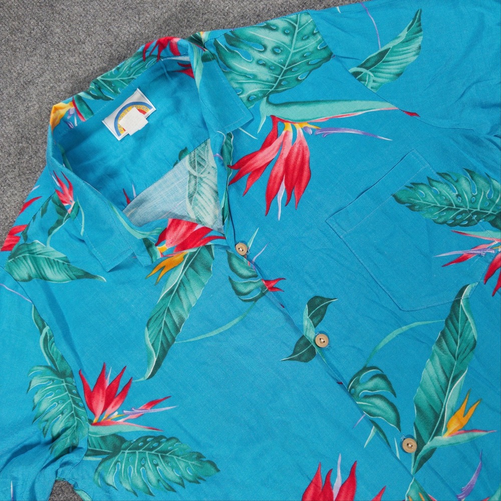Paradise Found Hawaii Mens Large Blue Bird of Paradise Rayon Aloha Camp #4794